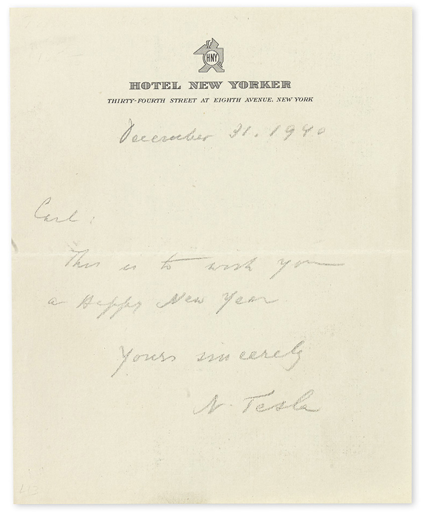 TESLA, NIKOLA. Brief Autograph Letter Signed, “N Tesla,” to “Carl,” in pencil: